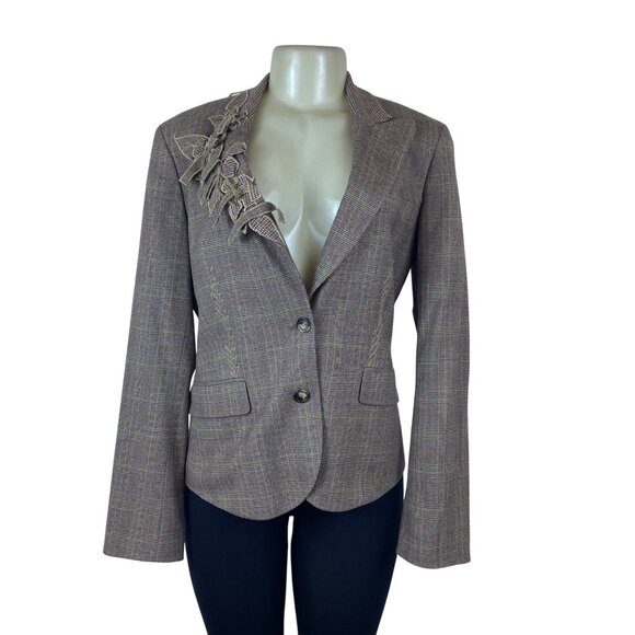 ETRO Milano Womens Plaid Lyrca & Wool Blazer Sz 48 Checkered Pattern Embroidery - Picture 1 of 11